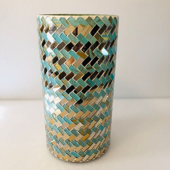 Candle Holder Vase Mosaic Mirror Pale Green Gold Tones Coastal Beachy Nautical - Picture 2 of 5